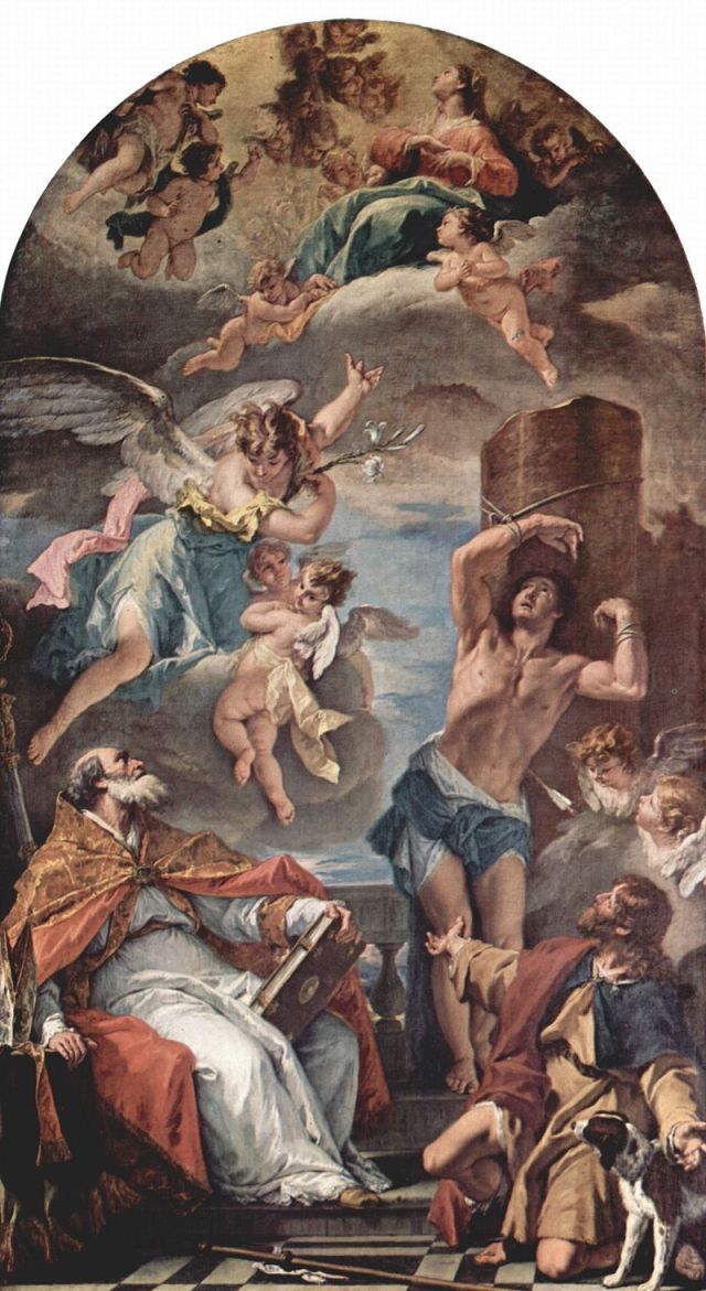 August 14 - Virgin Mary in Glory with Archangel Gabriel, and Saints Eusebius of Vercelli (seated), Saint Sebastian, and Saint Roch - Sebastiano Ricci